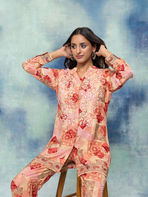 Fizaa Hand embroidered chikankari cord set in Poly Silk Multipink